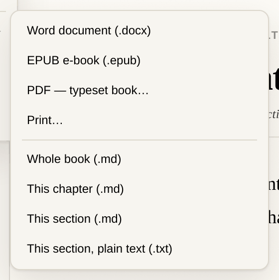 File → Export. Four formats, and Markdown at three sizes.