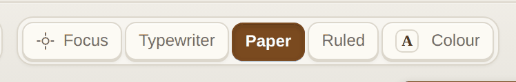 The Desk row: Focus, Typewriter, Paper, Ruled, and the page colour picker.