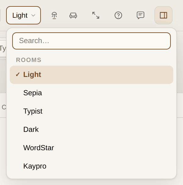 The room picker, open. Search by name; your own rooms sit below the built-in ones.