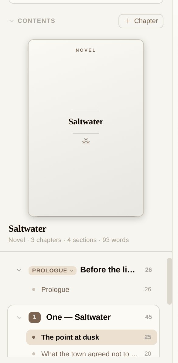 The contents of a book: chapters, their sections, and the word count of each.