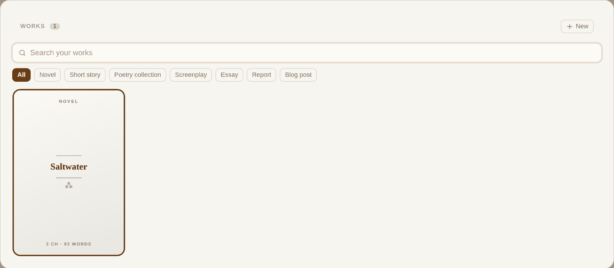 Every work at once: jackets, search and filters by kind.