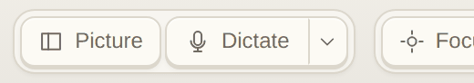 Dictate, with a level meter while it listens and a picker for which microphone to use.