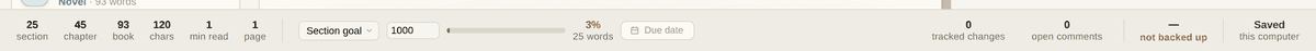 The status bar: counts on the left, the goal in the middle, changes, comments and saved state on the right.